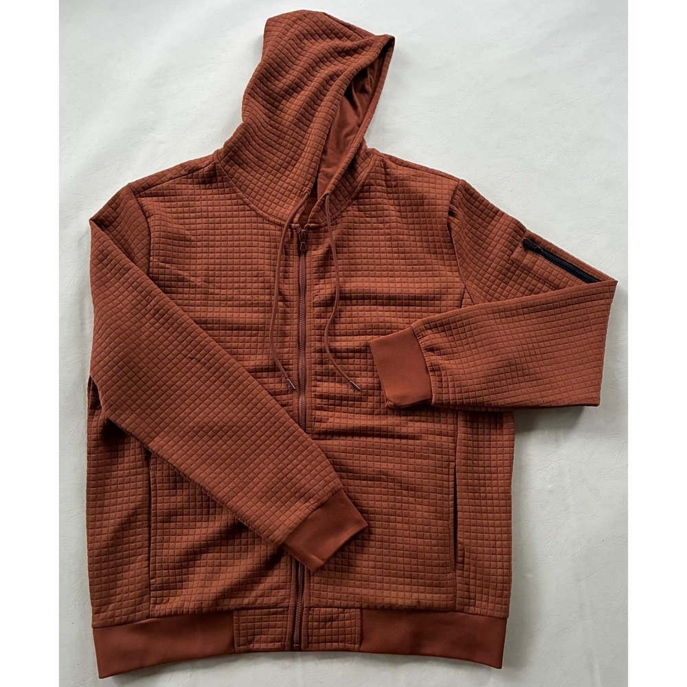 Wizoat Mens XXL Full Zip TECH Hoodie Brown quilt Patterned LIGHTWEIGHT jacket